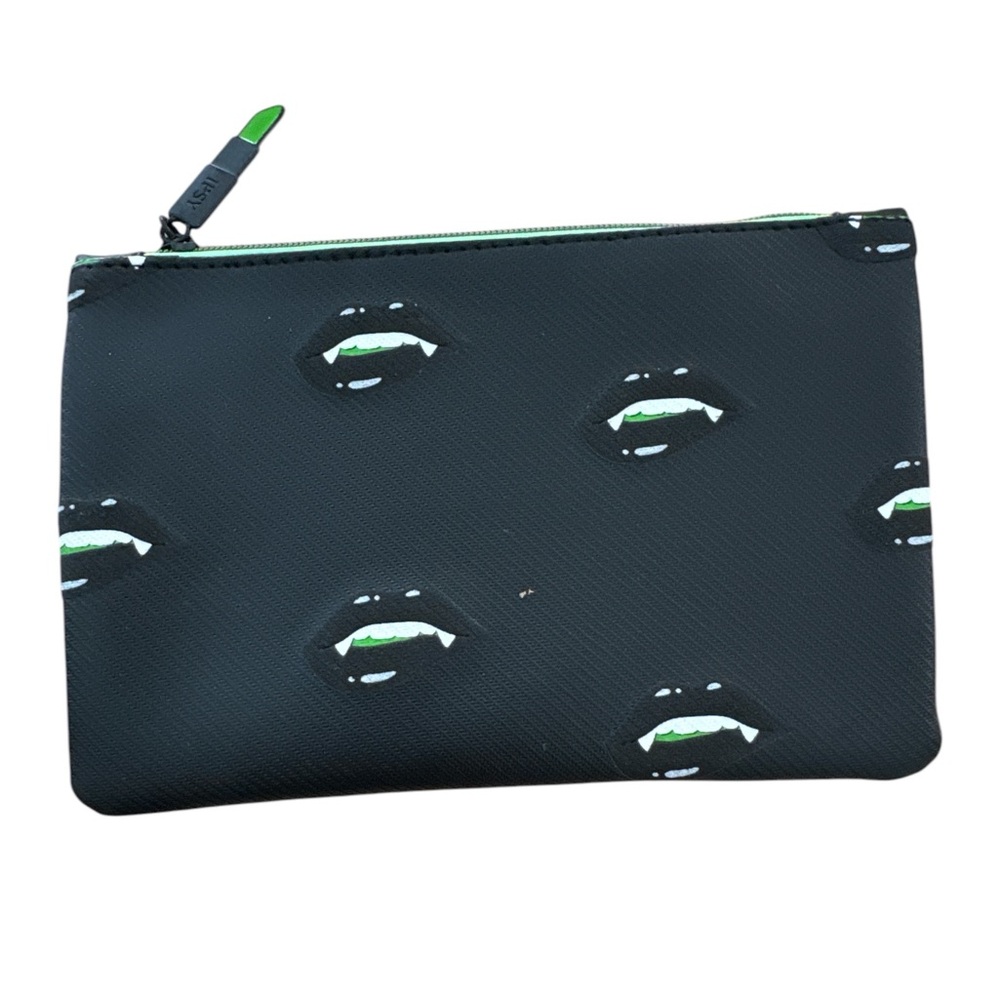 Ipsy Glam Bag Wicked Black Pouch with Green Accents Fang Lips makeup pouch